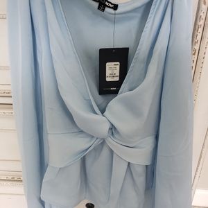 NWT baby blue low cut blouse with tie in back